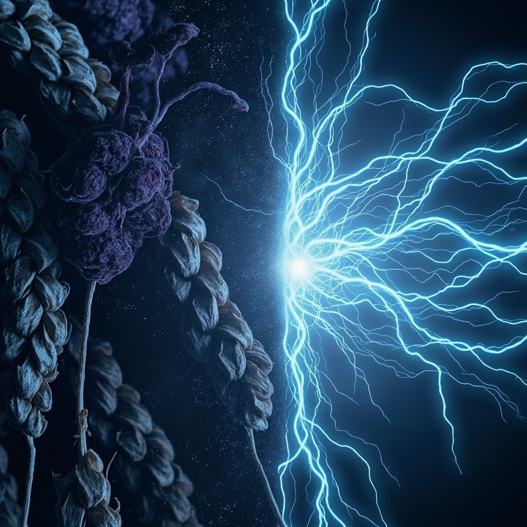 Subtle illustration of purple ergot fungus on rye grains, with ethereal nervous system overlay showing disrupted energy waves turning to harmonious flows, anxious shadowy figure transforming to calm, soft blue tones for serenity.