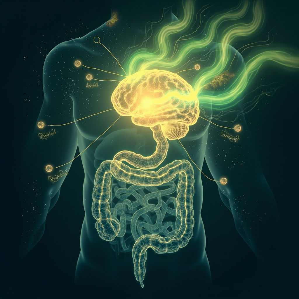 Serene illustration of human intestines connected to a glowing brain via neural pathways, showing a fading tapeworm parasite transforming into symbols of balance, calm faces, and green energy flows