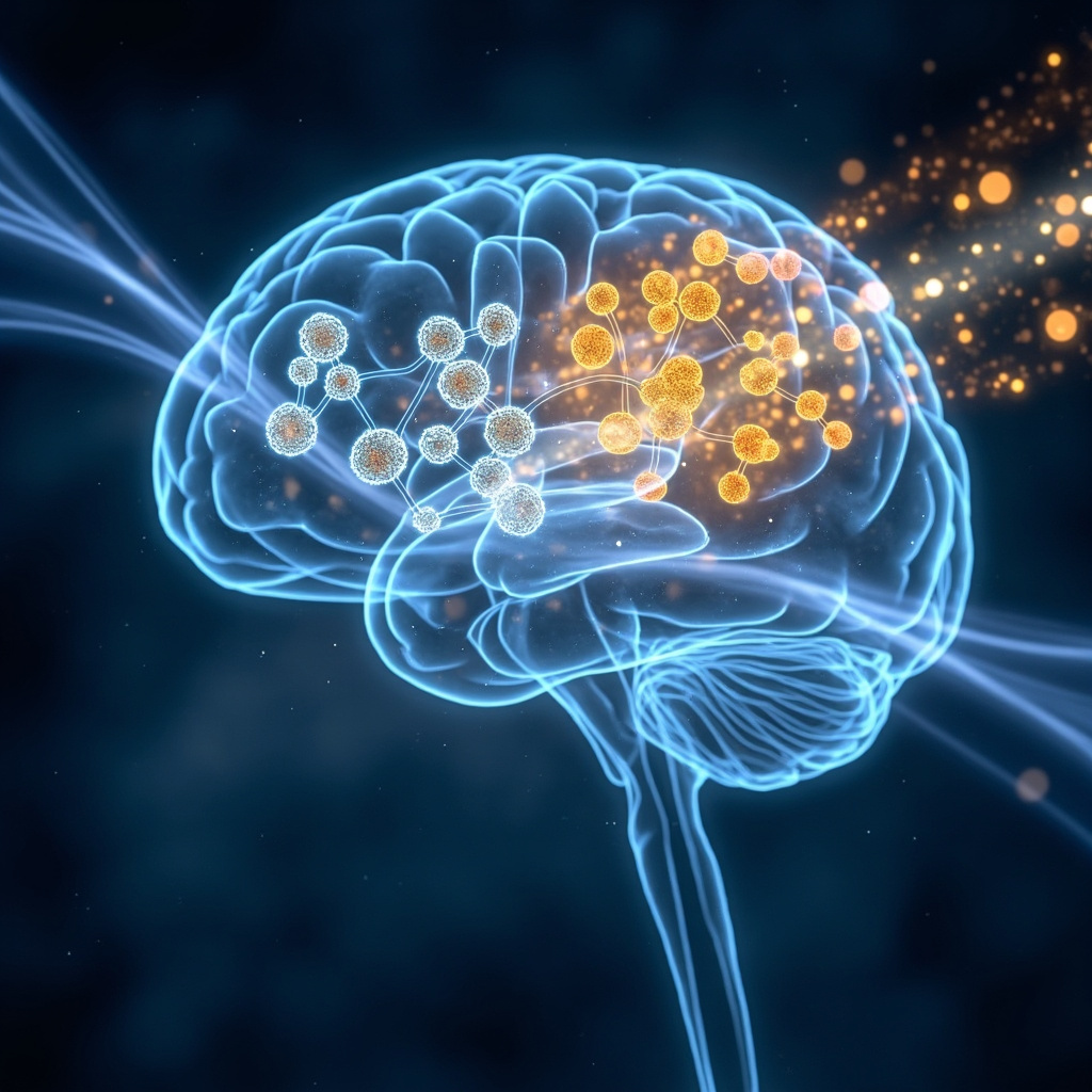 Vibrant illustration of tryptophan molecules transforming into glowing serotonin and melatonin in a serene brain, with waves of calm blue light promoting mood balance and restful sleep, soft and healing atmosphere.