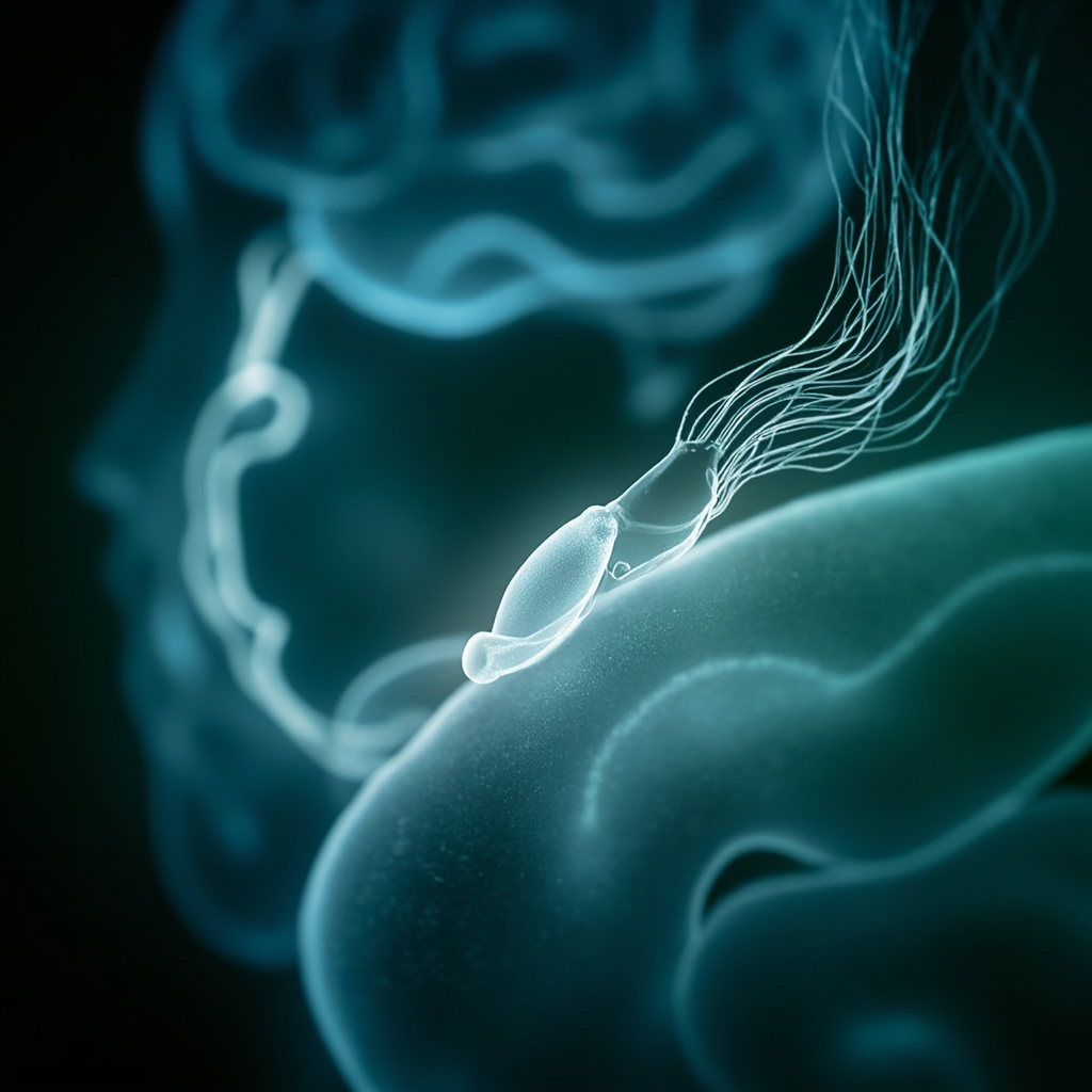 Abstract medical illustration of Giardia lamblia trophozoite in the human intestines, with subtle glowing waves connecting gut to brain symbolizing emotional distress like anxiety and fatigue, in soft blues and greens for a calming yet informative tone.