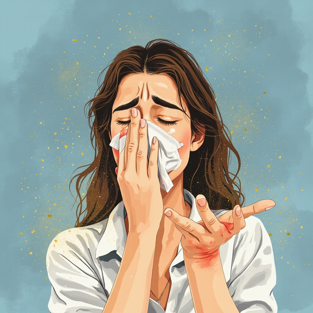 Illustrative image of a young adult woman in her 30s rubbing itchy skin on arm, sneezing with stuffy nose, anxious expression, pollen floating around, calming blue tones, soft lighting, high resolution