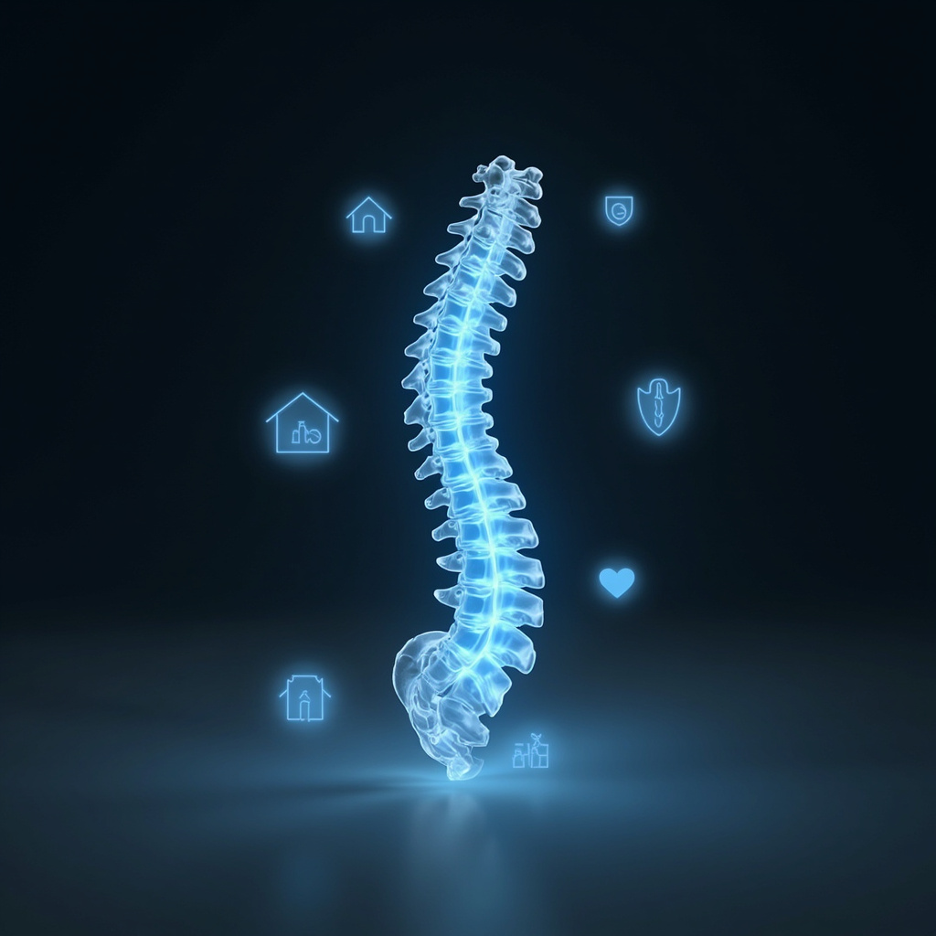 Illustrative image of human spine with T6 vertebra highlighted in glowing blue in mid-back area, surrounded by subtle icons of home, family, shield for safety, and heart for emotion, calm gradient background.