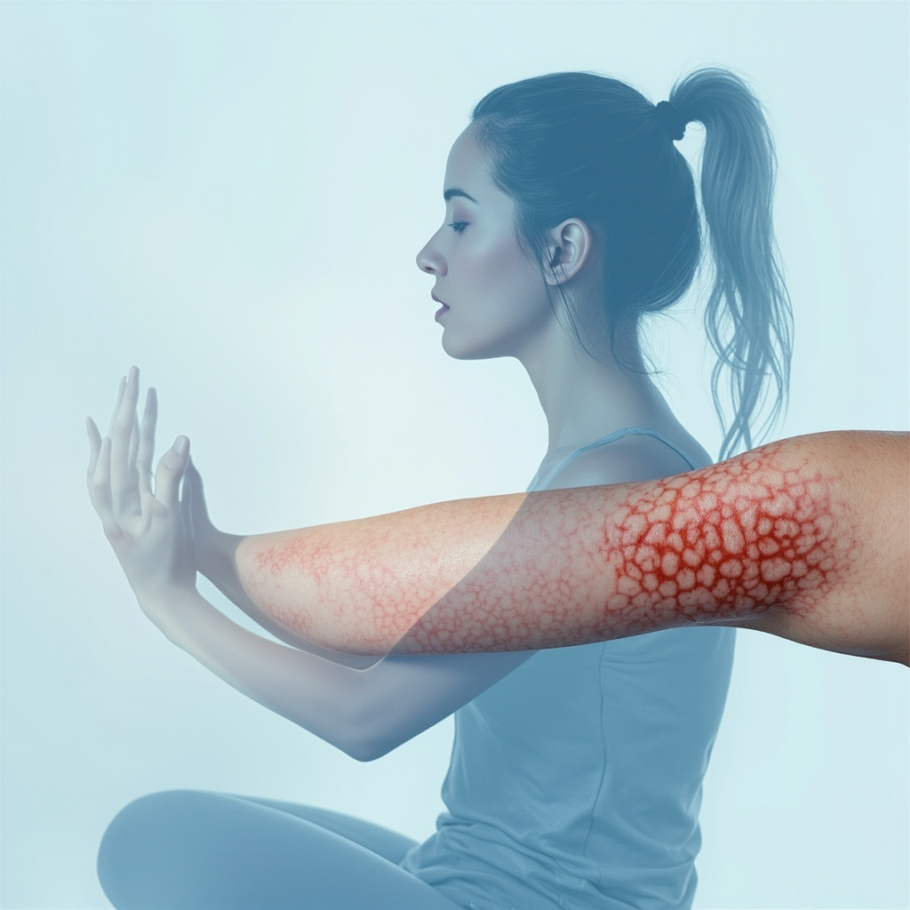 A close-up of fair skin showing red itchy hives on arm, with a subtle overlay of a stressed woman meditating peacefully, soft blue tones for calm, illustrative style.