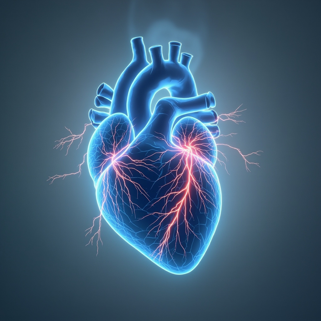 Serene human heart glowing softly with blue calming waves overlaying red stress lightning bolts, neural pathways connecting to brain, minimalist illustrative style for emotional and cardiac health article.