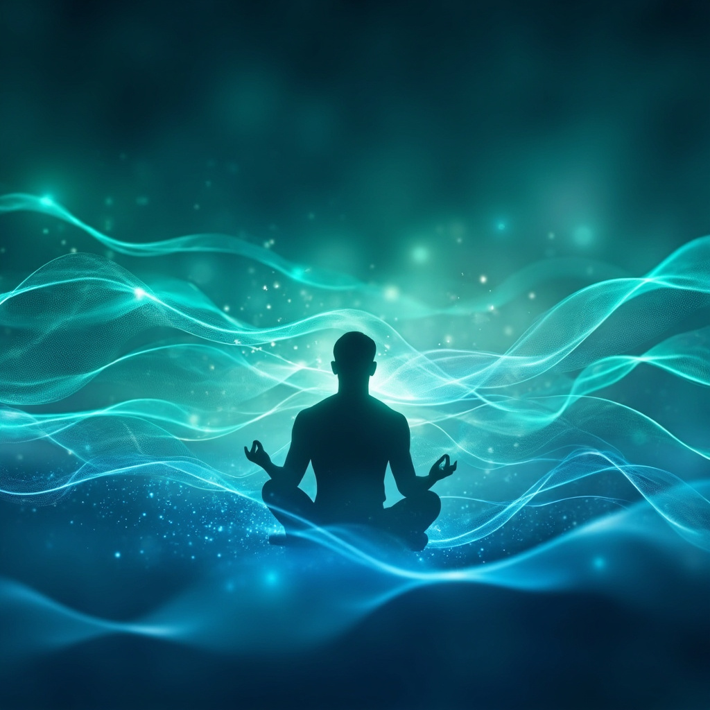 Illustrative image of smooth heart wave patterns in blue and green tones representing emotional coherence and balance, with subtle glowing frequencies and a calm human silhouette meditating.
