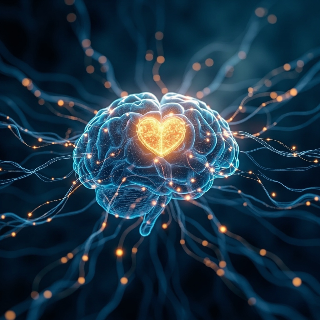 Illustration of interconnected brain networks glowing with emotional energy, linking memory areas to a serene heart symbol, in calming blue and gold tones, representing resilience and balance