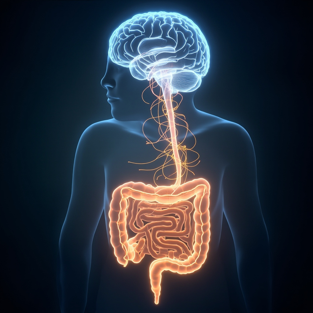 A conceptual image showing a glowing, interconnected network of light connecting a human brain to the intestinal tract, symbolizing the gut-brain axis, soft blue and gold tones, professional medical illustration style.