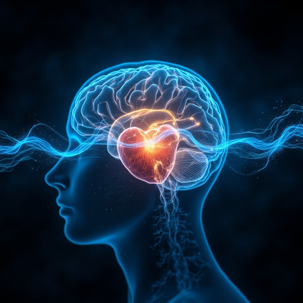 Serene digital art of interconnected brain, glowing heart, and neural network with harmonious blue energy waves flowing between them, symbolizing emotional and mental balance.