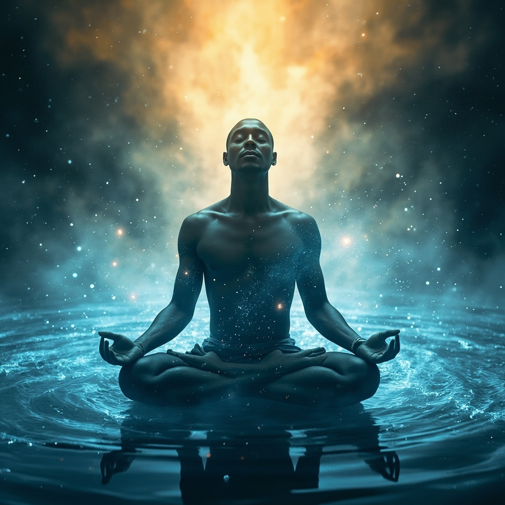 A person sitting in meditation pose, surrounded by soft glowing blue sound waves dissolving dark trauma shadows, emerging into calm golden light, serene expression, realistic style