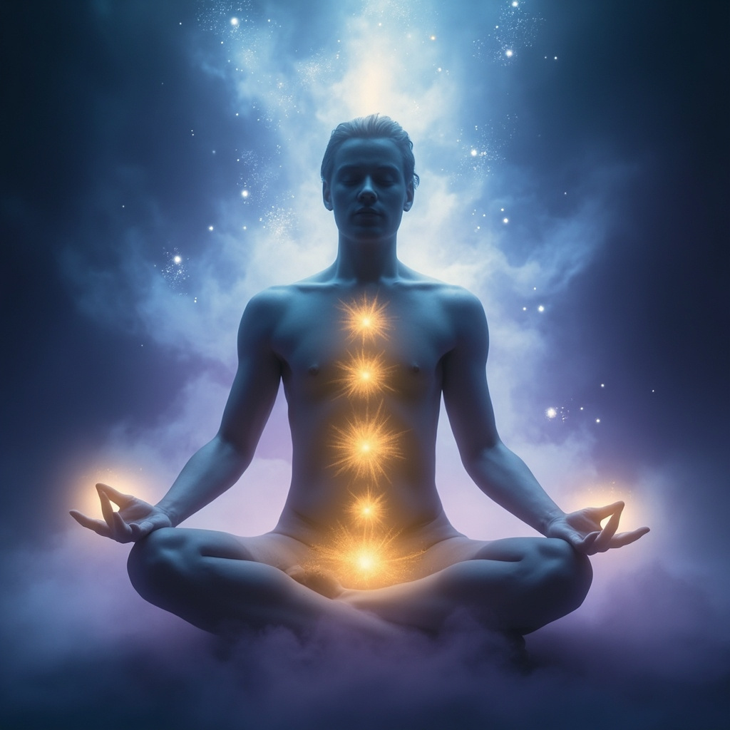 A serene person sitting in lotus pose, with subtle glowing golden energy points on the head (BL6), ear (TH21), ankle (SP5), knee (BL40), and mid-abdomen (CV11), soft blue and purple aura, calming meditative atmosphere, high resolution digital art