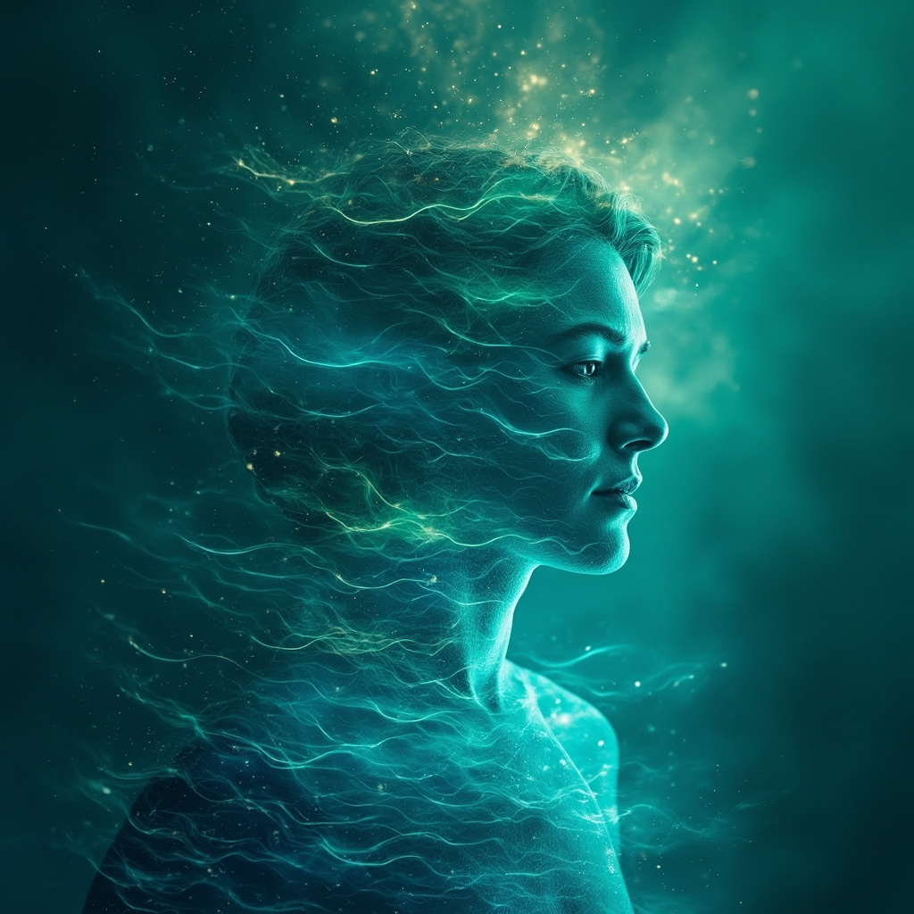 Illustration of a tense person with erratic heart waves transforming to smooth, balanced waves via glowing frequencies and microcurrents, calm blue and green tones, serene background.