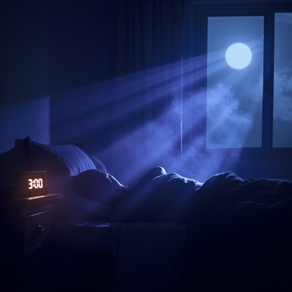 A peaceful bedroom at night, clock glowing 3am with fading mist, person sleeping soundly under soft moonlight, calming blue and purple tones.