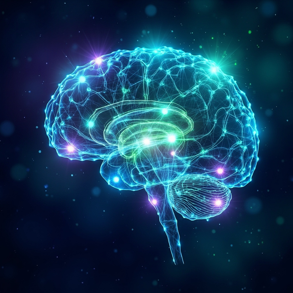 Vibrant illustration of a human brain with colorful neurotransmitter molecules like serotonin and dopamine glowing as they travel between neurons, evoking emotional balance, mental clarity, and psychological harmony in soft blue, green, and purple tones.