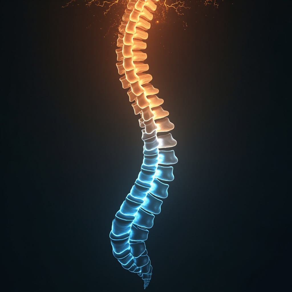 Illustration of the human spine with the orthosympathetic nervous system highlighted in glowing orange energy waves transitioning to calming blue, symbolizing shift from fight-or-flight to balance, minimalist style.