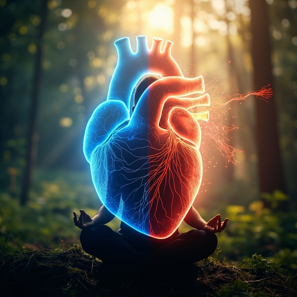 Serene heart with smooth blue HRV waves symbolizing balanced VLF sympathetic activity, contrasted with chaotic red waves for overactivity, human silhouette relaxing in nature background.