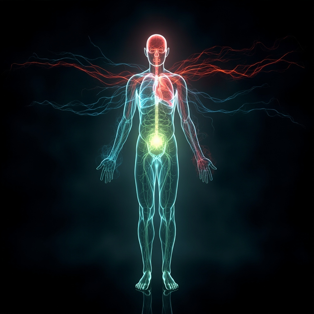 Illustration of the human autonomic nervous system glowing in blue, with sympathetic (red, agitated waves) and parasympathetic (green, calm flows) branches from brain to heart, lungs, gut; before-after split showing stress chaos to balanced harmony.
