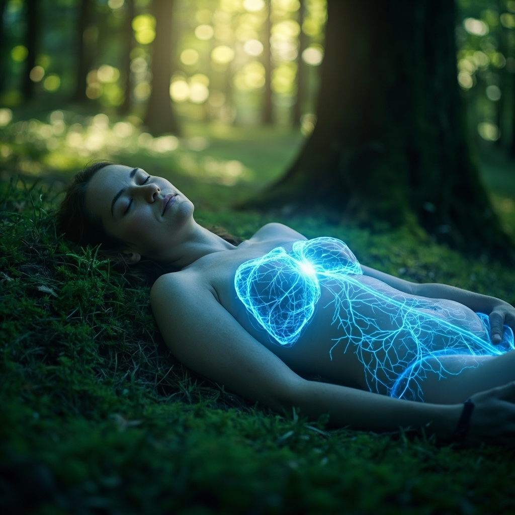 Serene person lying in a peaceful natural setting, with glowing blue neural pathways representing the parasympathetic nervous system activating relaxation, rest and digest icons like slow heartbeats and calm digestion subtly integrated.