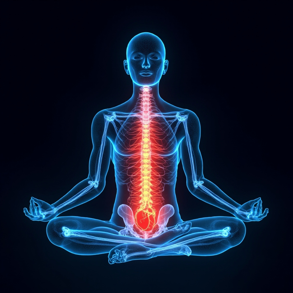 Illustration of human figure with glowing sympathetic nerves along spine, heart racing in red, transitioning to calm blue waves balancing with parasympathetic, serene face meditating.