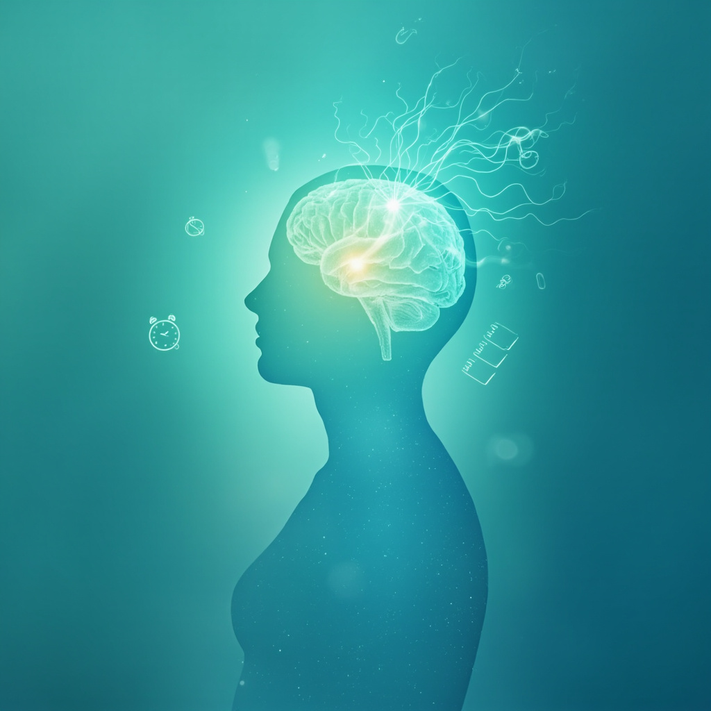 Prompt: Serene illustration of a human silhouette with glowing heart waves and brain, fading procrastination icons like clocks and checklists into balanced energy flows, soft blue and green tones, professional style