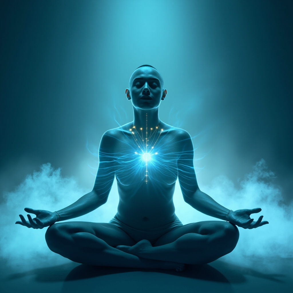 prompt: Serene person sitting cross-legged, soft blue glowing energy waves emanating from wrists and heart area, calming swirling anxiety clouds, peaceful background with subtle acupuncture points highlighted, professional illustration style