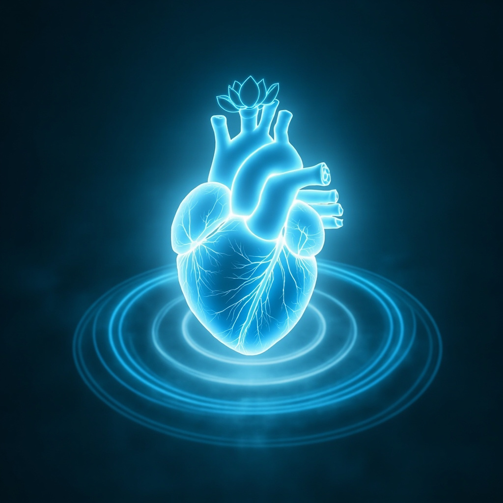 Serene glowing human heart with soft blue energy waves and harmonious frequency lines, surrounded by calming meditation symbols like a lotus flower and subtle sound ripples, professional medical illustration style.
