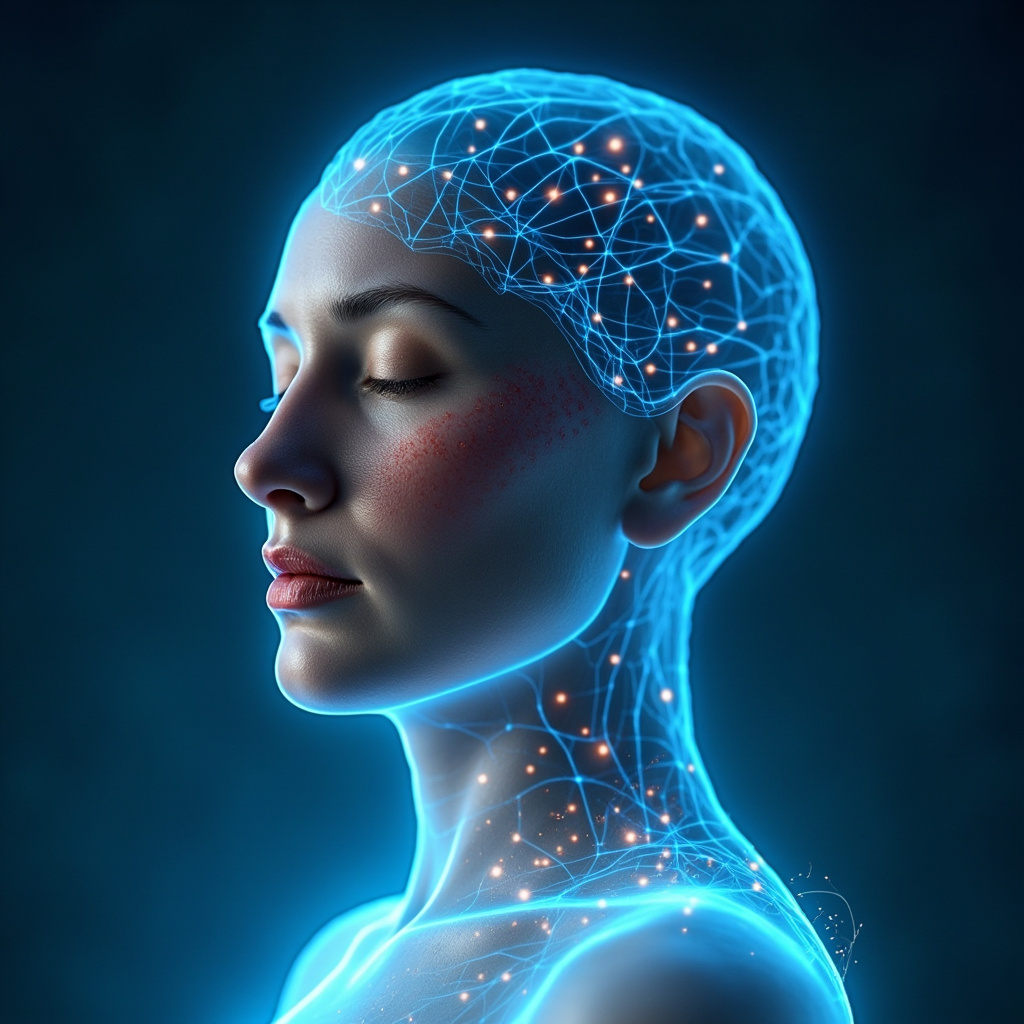 Serene person meditating in a field of flowers during allergy season, subtle glowing energy waves balancing head and body, soft blues and greens, professional wellness illustration