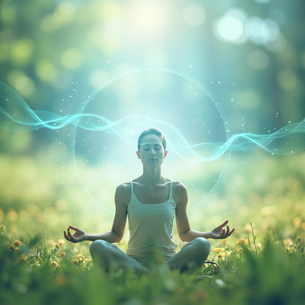 Serene person outdoors with floating pollen turning into calming blue frequency waves, itchy skin fading to peace, meditation pose, pastel greens and blues, professional health illustration.