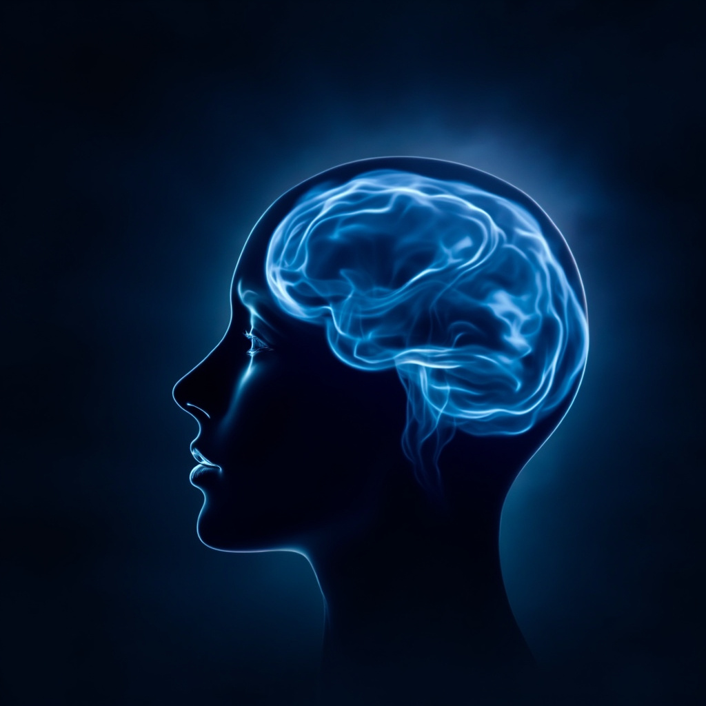 Serene silhouette of a human head with soft glowing blue energy waves flowing through brain, eyes, and ears, symbolizing emotional and cognitive harmony, professional wellness style, no text.