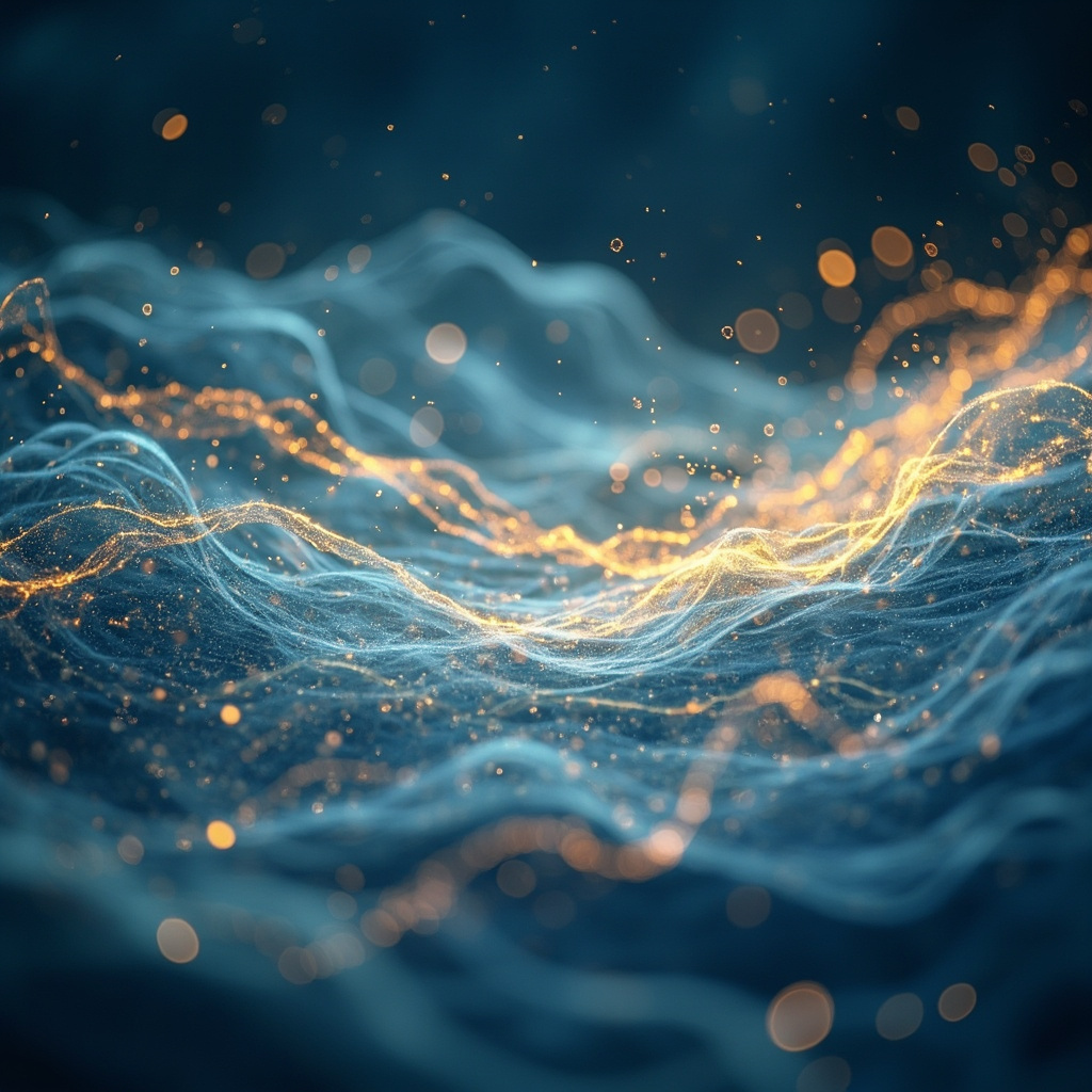 A serene, abstract representation of flowing light waves and neural connections in soft blue and gold tones, symbolizing inner peace and balance.