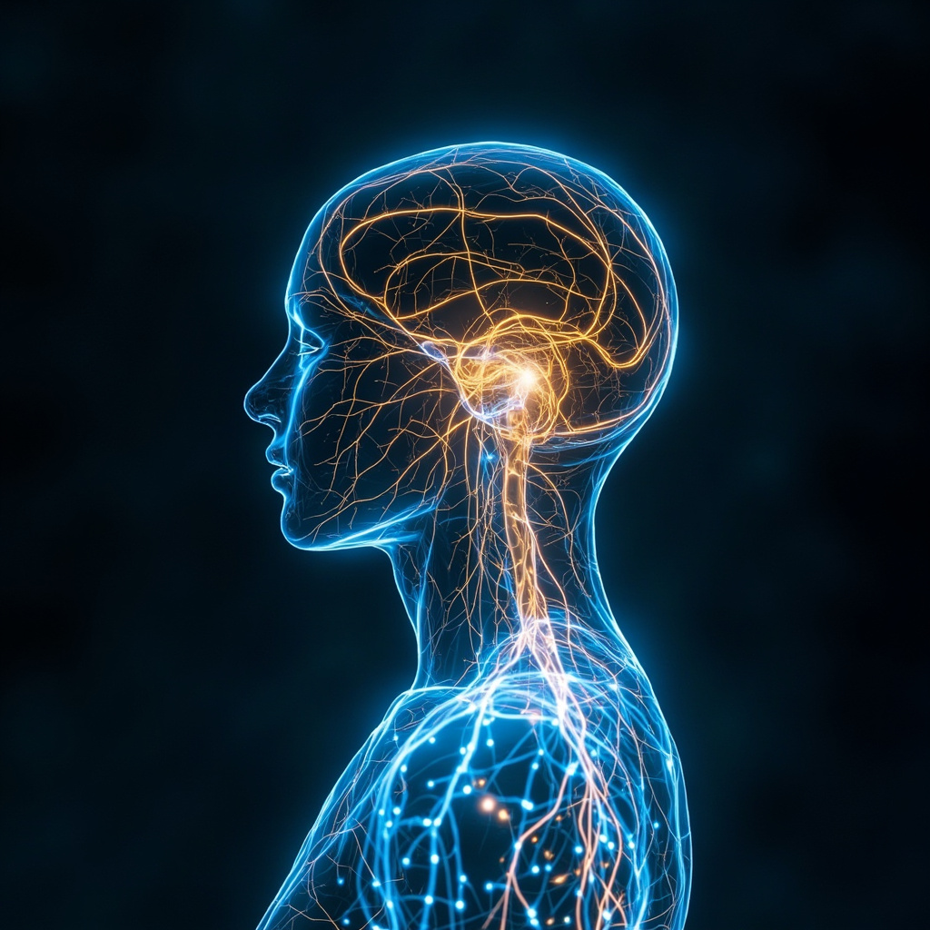 A serene, abstract representation of a human silhouette with glowing, harmonious electrical light patterns flowing through the nervous system, soft blue and gold color palette, high quality, professional photography style.