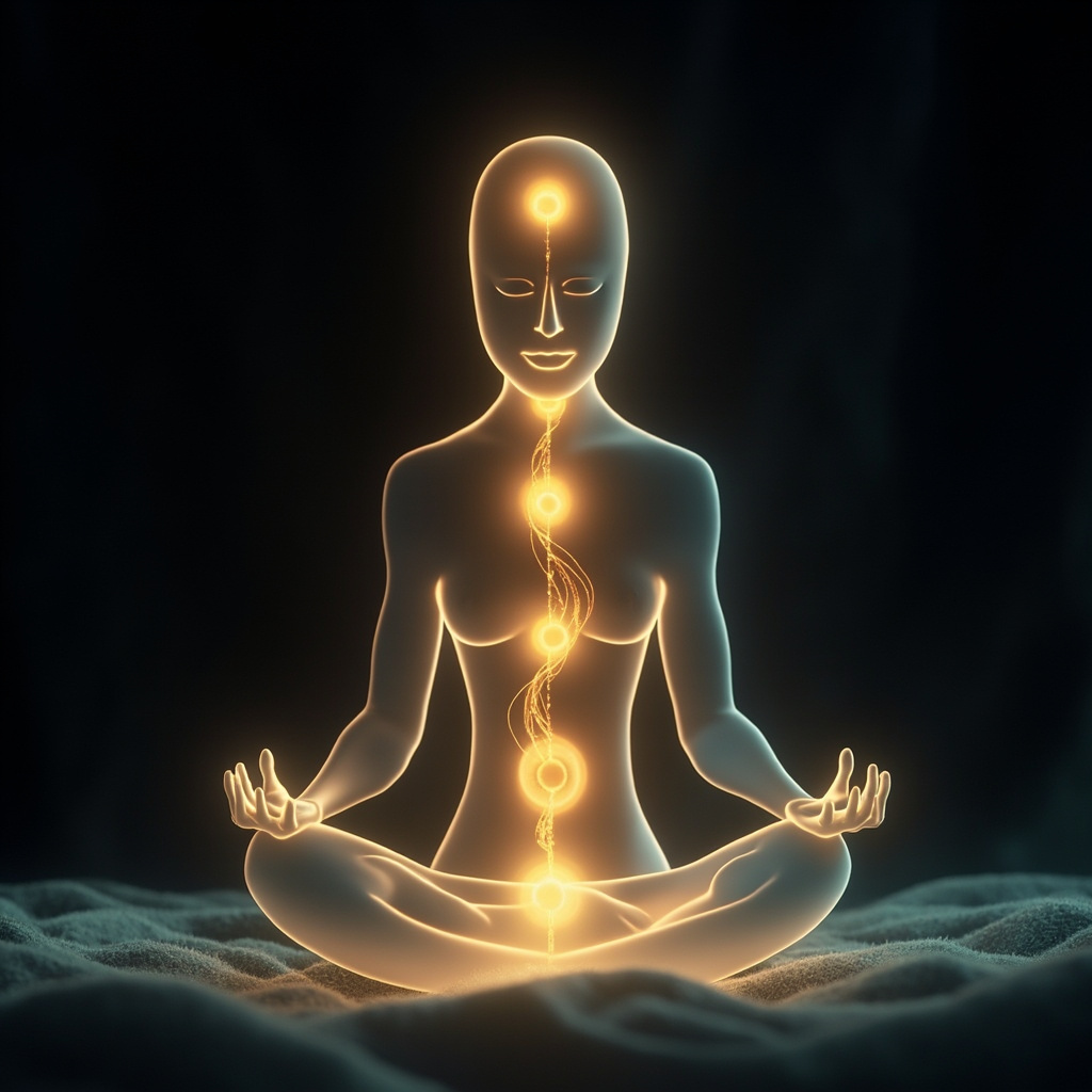 A serene, abstract representation of a calm, balanced human silhouette with glowing, harmonious energy centers connected by soft, flowing light lines.