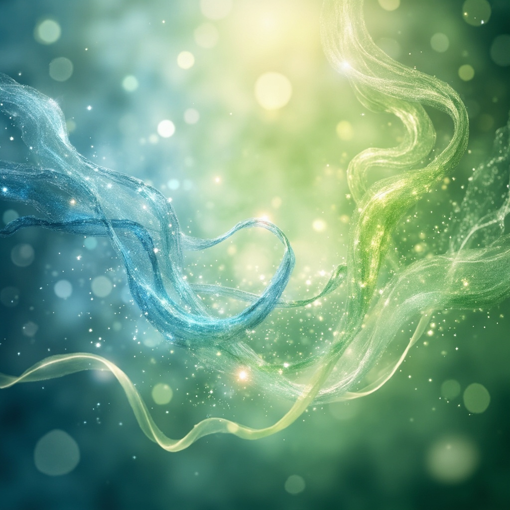 A calming, artistic representation of winter light transitioning into spring, featuring soft, glowing abstract shapes that represent energy flow within the human body.