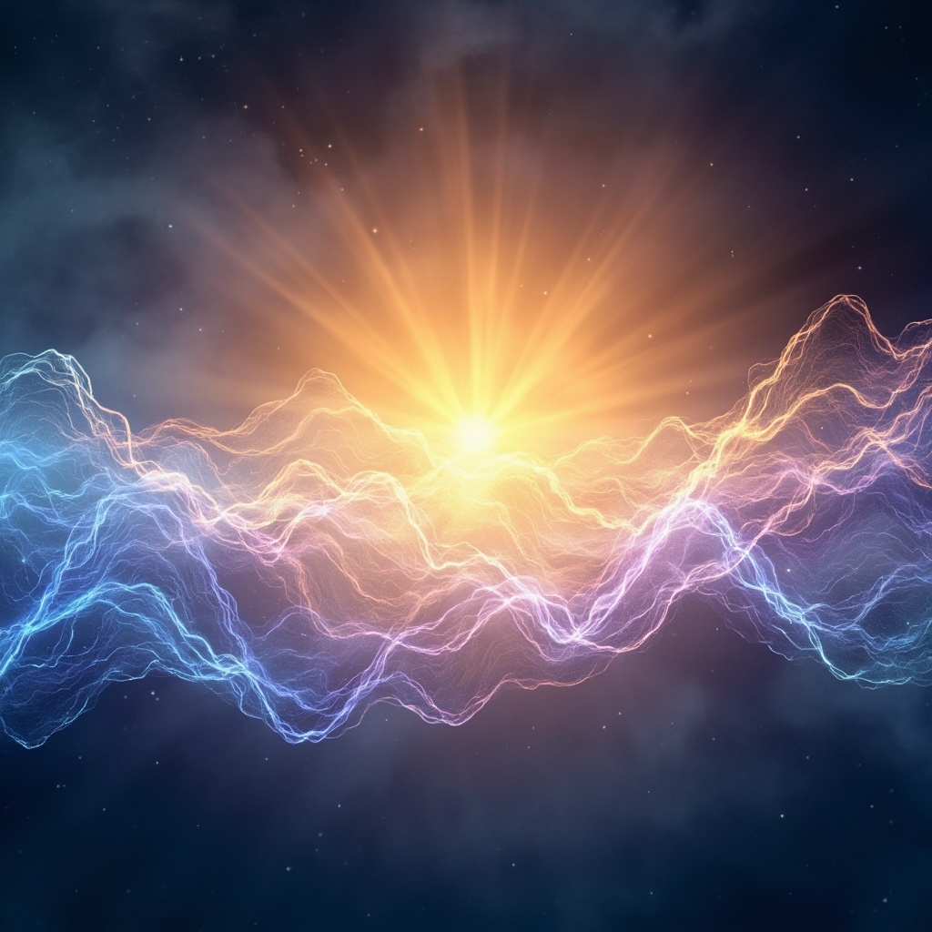 A serene, abstract representation of flowing electrical energy waves transitioning into a balanced, glowing golden light, symbolizing hormonal and mental harmony.