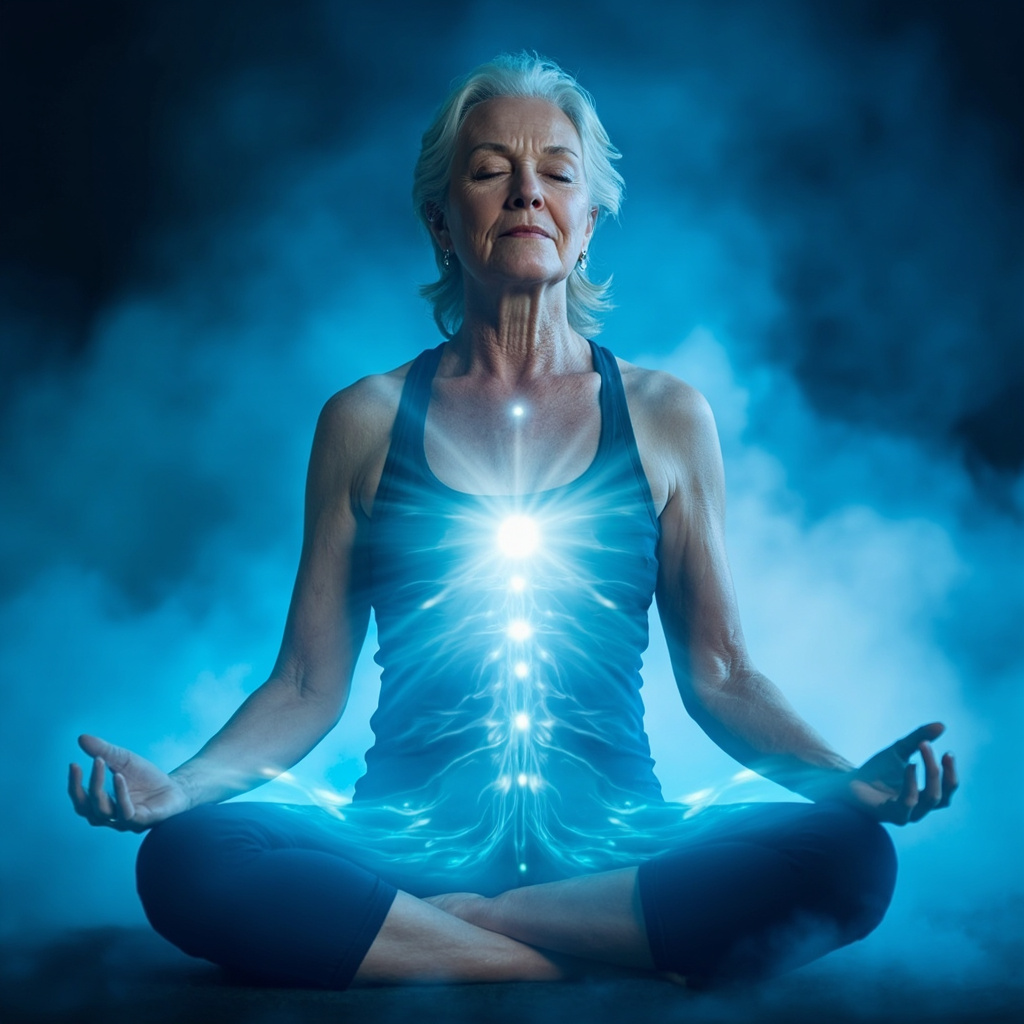 Serene woman in her 50s sitting in lotus pose, soft glowing energy waves around lower abdomen and heart, calming blue tones, acupuncture points subtly lit, representing emotional balance during menopause.