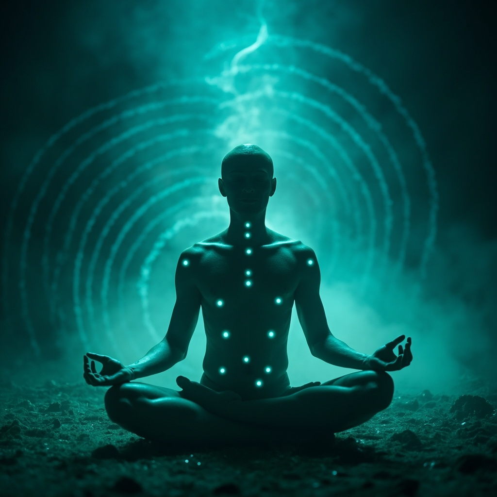 Serene person meditating cross-legged, subtle glowing points on wrists, abdomen, ankles, and face representing TCM acupoints, soft calming blues and greens, ethereal energy waves balancing mind.