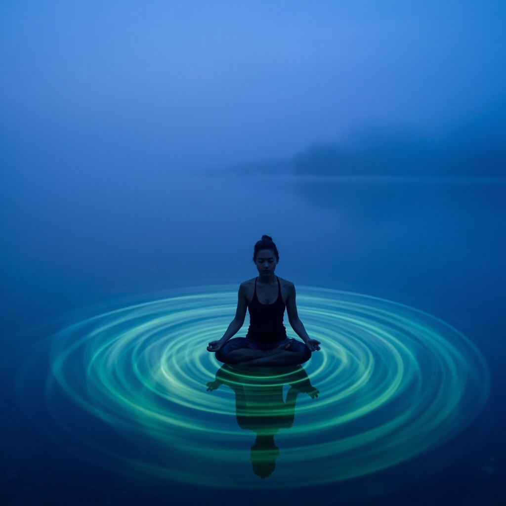 Serene person meditating by a calm lake at dusk, with subtle glowing waves representing brain and heart rhythms in soft blues and greens, evoking anxiety relief and inner peace.