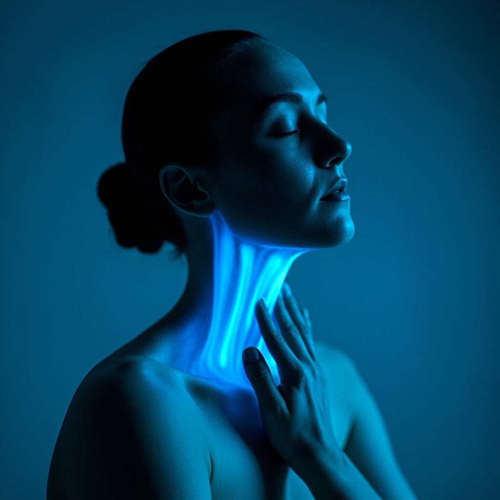 Serene person with hand on neck, soft blue glow around muscles releasing tension, meditative pose, calm expression, representing stress relief in neck area