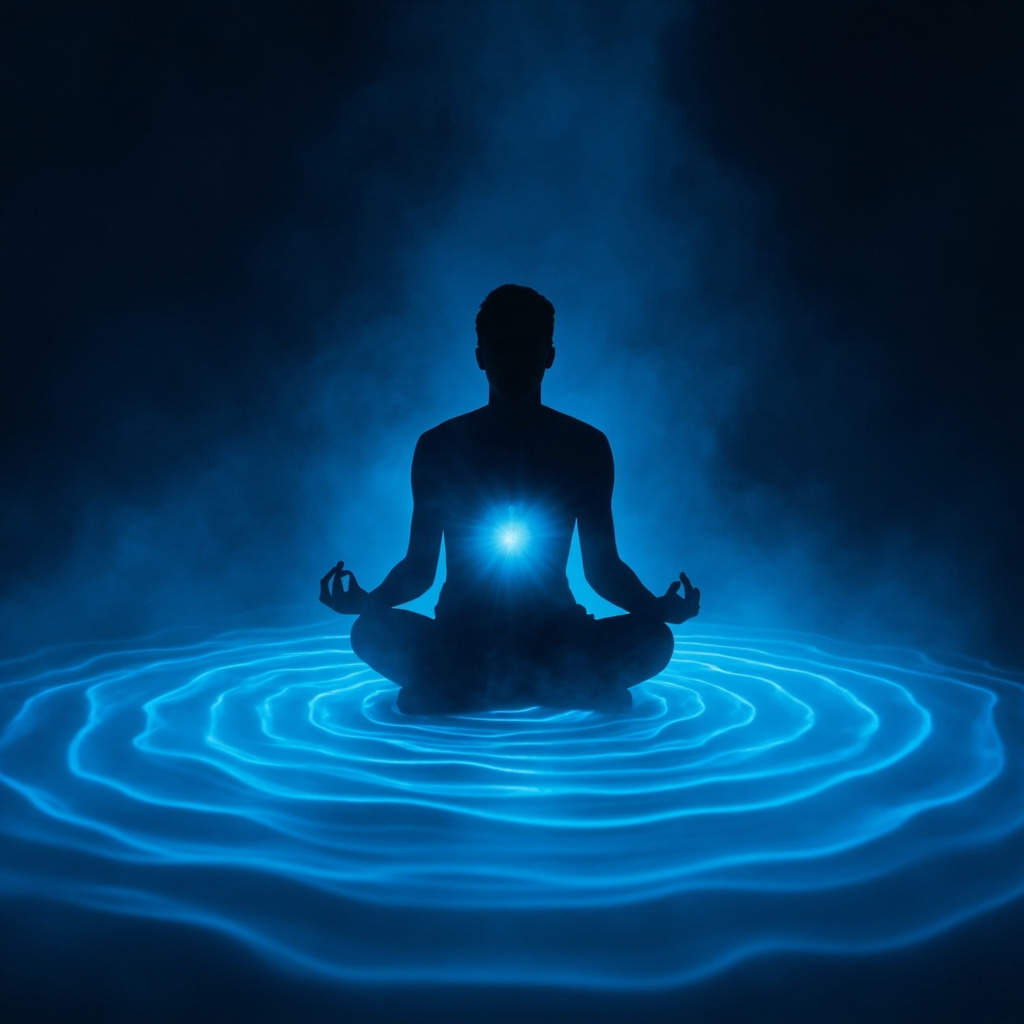 Serene silhouette of a person in lotus pose, surrounded by soft glowing blue frequency waves calming the heart and brain areas, evoking peace from anxiety and restlessness, minimalist style.