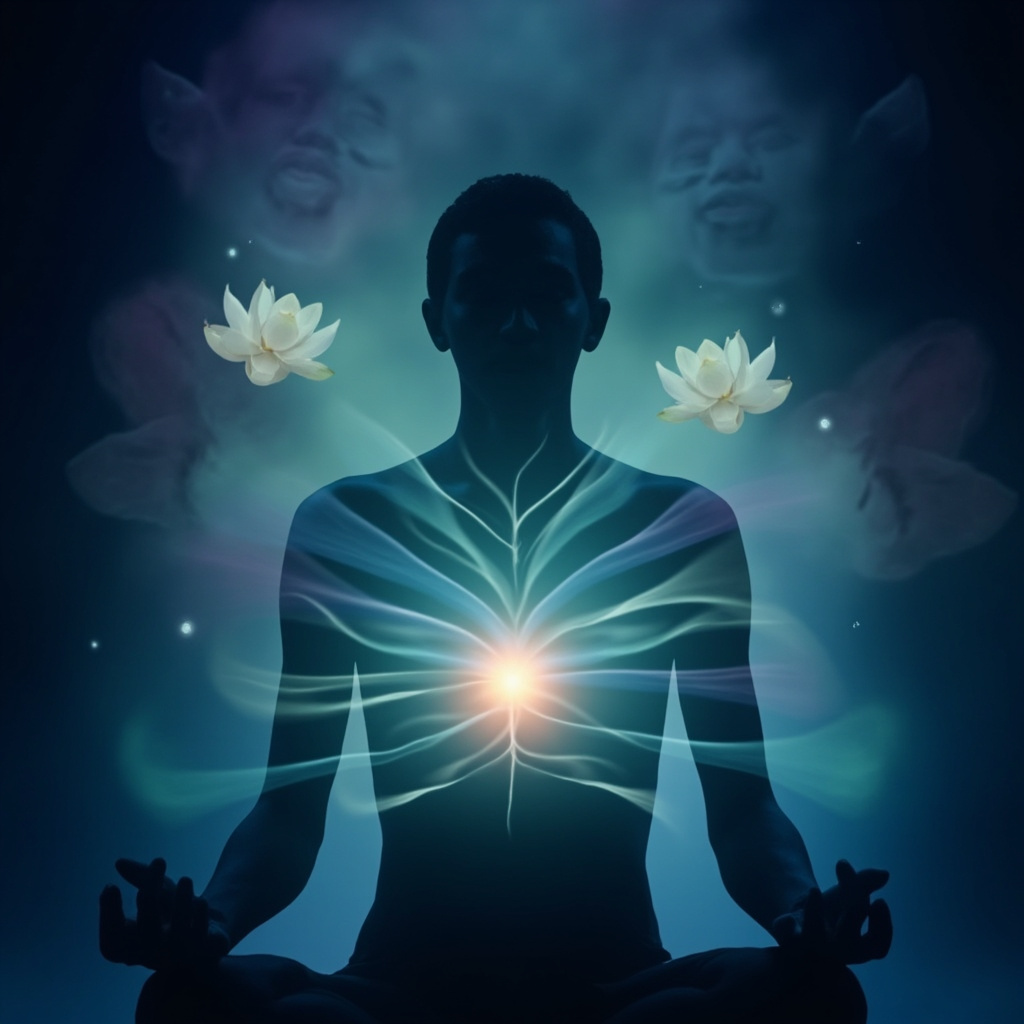 Serene human silhouette with glowing balanced heart center, smooth flowing HRV wave patterns in blue and green, surrounded by calm emotional auras like peaceful faces and lotus flowers, soft meditative background.
