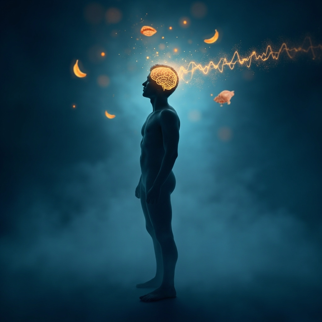 Serene human silhouette with glowing brain waves in blue and gold, serotonin molecules flowing from gut to mind, surrounded by subtle icons of turkey, bananas, and nuts, evoking mood balance, restful sleep, and emotional calm.