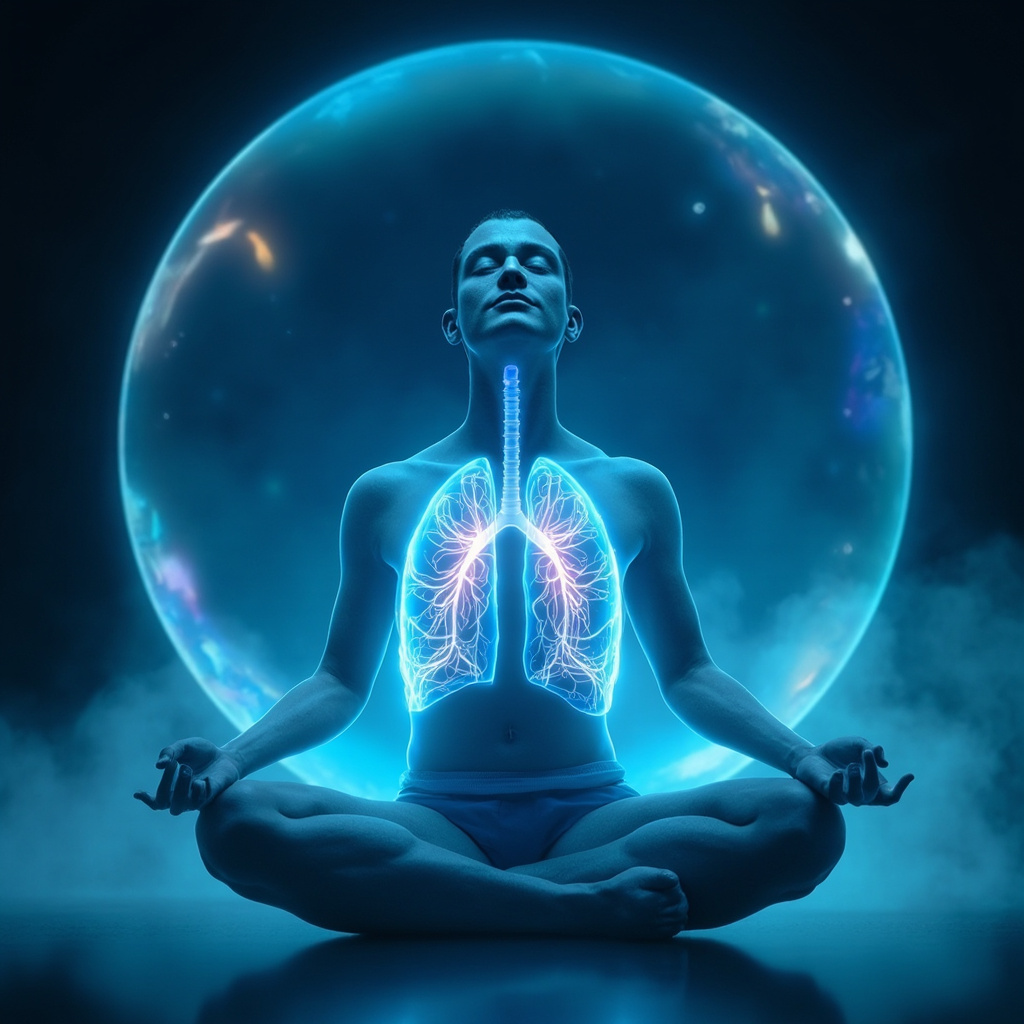 Serene person breathing deeply in a personal space bubble, with glowing bronchi in lungs overlay, soft blue tones symbolizing calm airways and protected territory.
