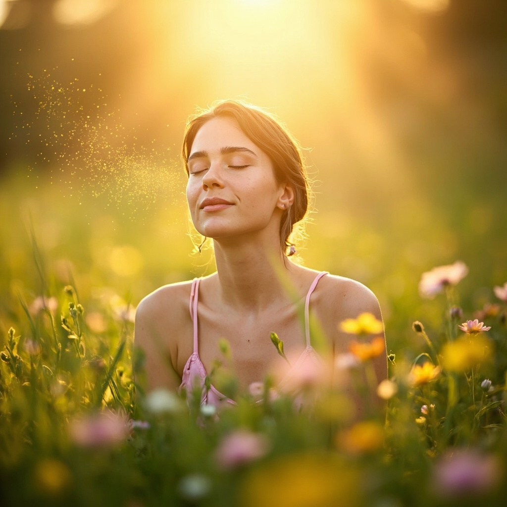 Serene person breathing calmly in a spring meadow with pollen particles, soft light, symbolizing relief from allergy anxiety, congestion, and itch.