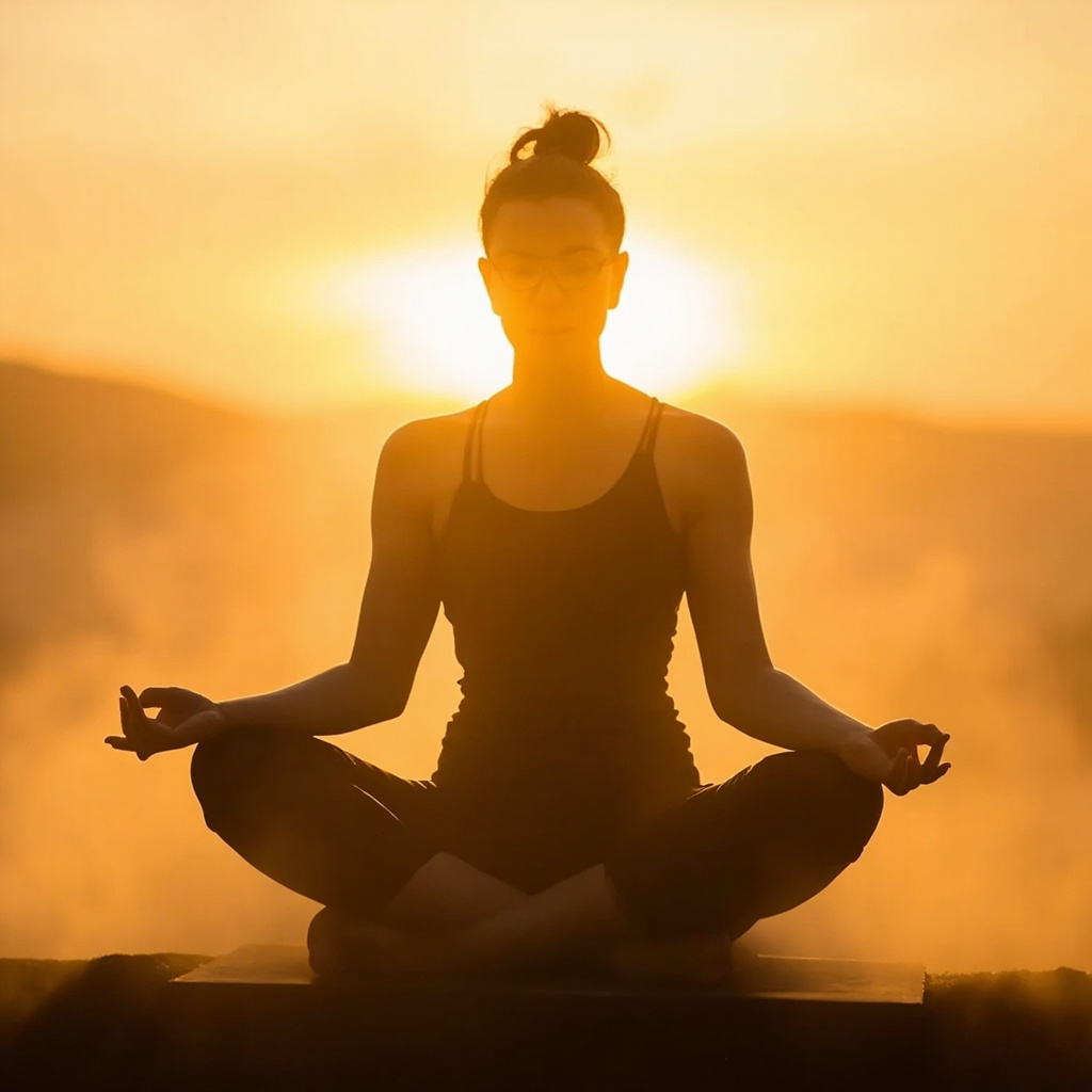 Serene middle-aged woman sitting in lotus pose at dawn, soft golden light glowing around her knees, lower abdomen, and hands, symbolizing emotional calm and energy flow during menopause.