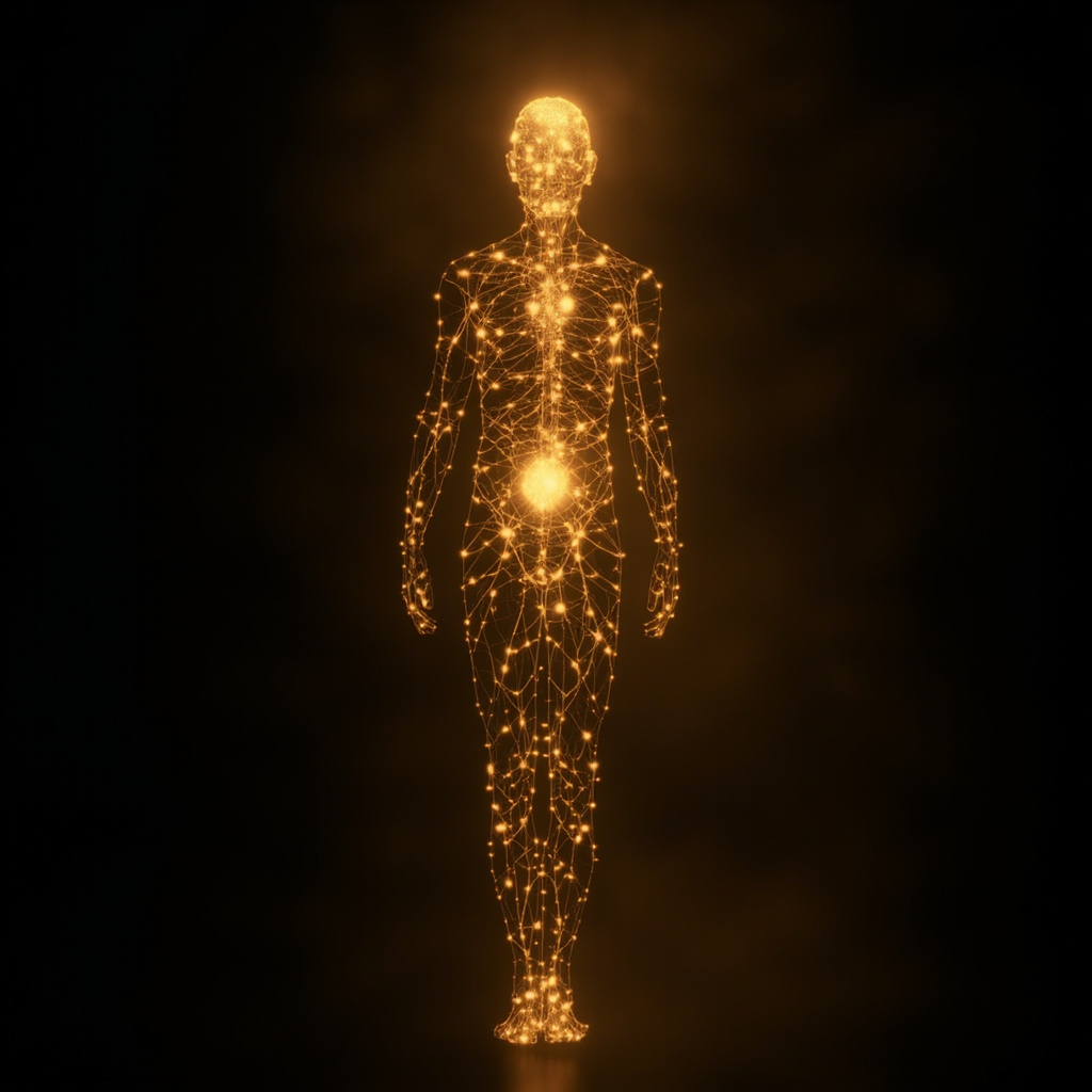 A serene, conceptual image of a human silhouette where a glowing network of golden light connects the brain, the heart, and the surface of the skin, symbolizing the flow of emotional energy and healing frequencies.