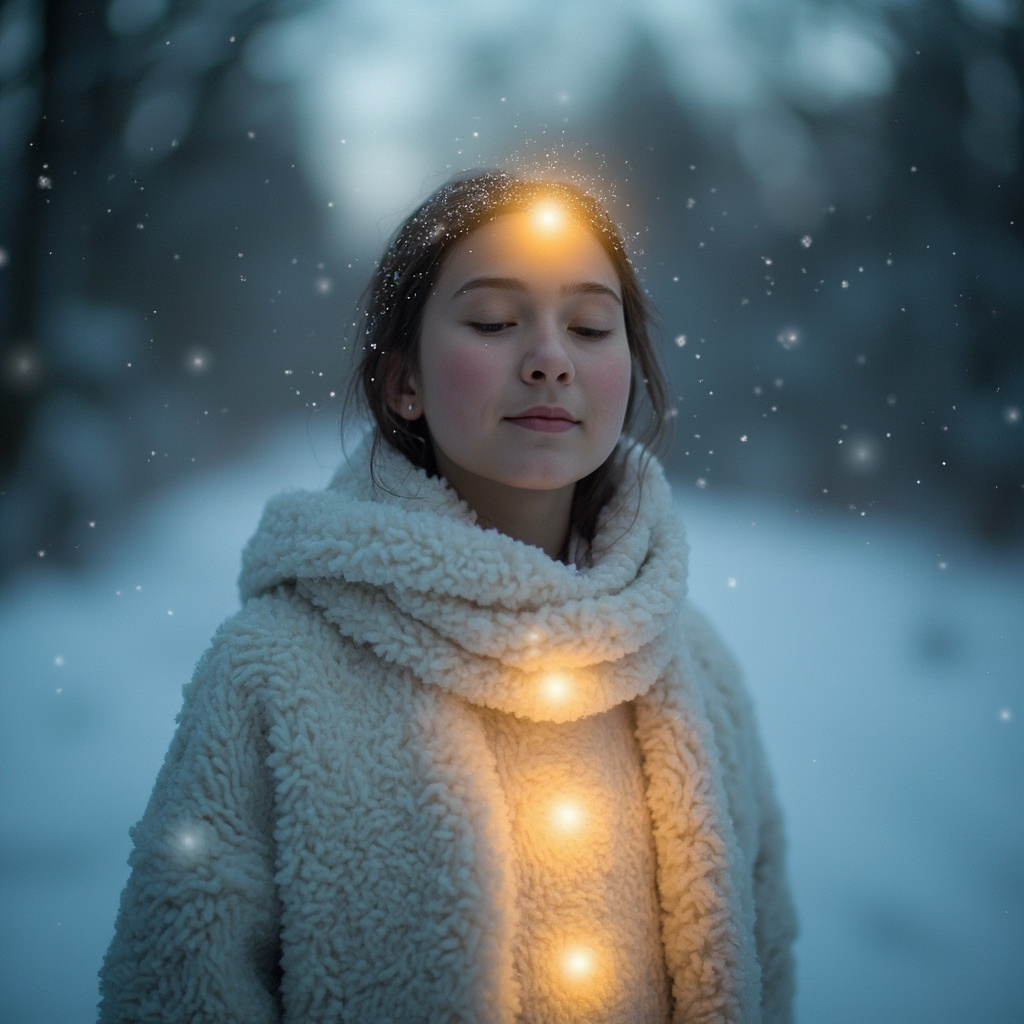 prompt: A calm person in a snowy winter setting, with soft glowing lights on the lower abdomen, liver region, and head, symbolizing energy balance and mood uplift from lethargy