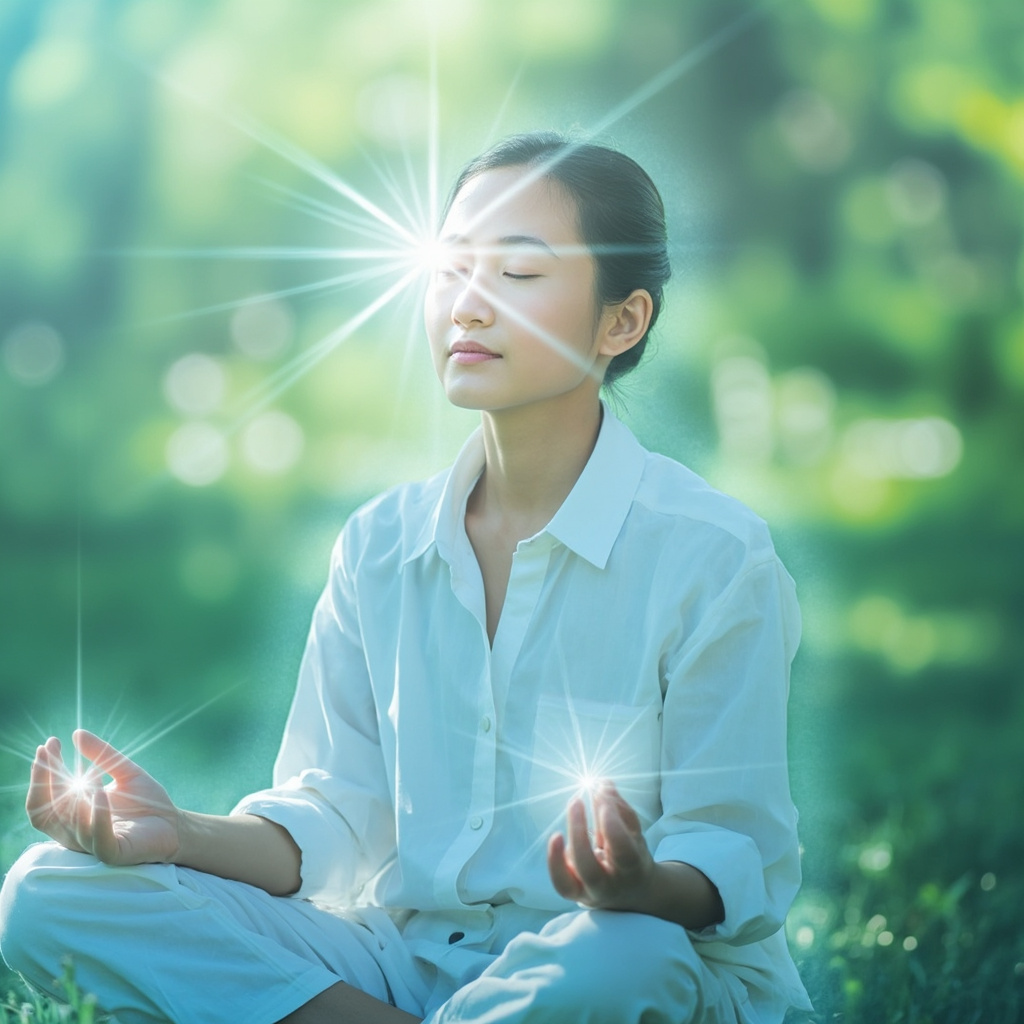 Serene person meditating outdoors with soft glowing energy around face and skin, symbolizing calm from allergies and anxiety, in pastel blues and greens.