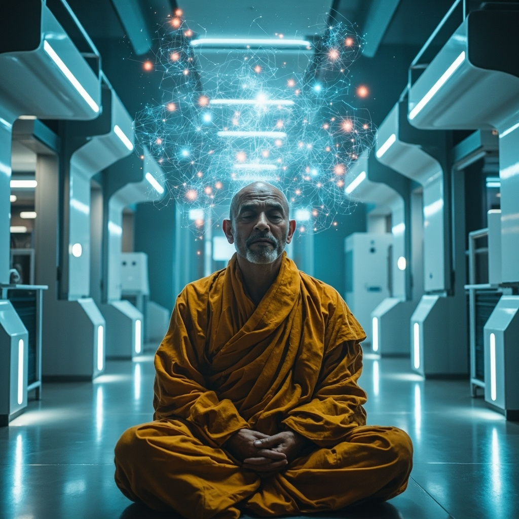 A serene Buddhist monk meditating in a modern brain scanning facility, with ethereal glowing neural waves and brain activity patterns overlayed, symbolizing heightened brain dynamics and inner calm