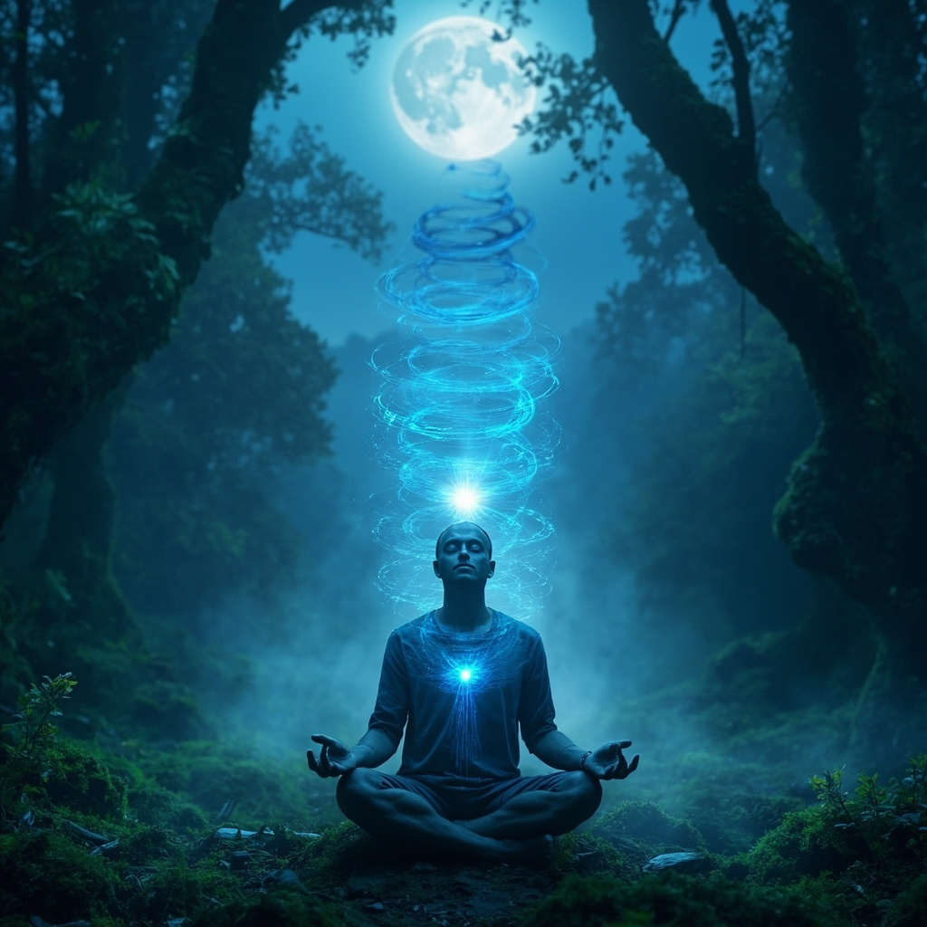 Serene person meditating in lotus pose with soft glowing blue energy waves emanating from the heart and brain, symbolizing meditative states, peaceful forest background, calming tones.