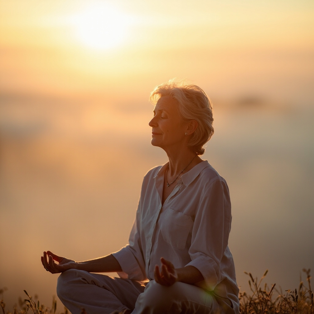 Serene middle-aged woman meditating outdoors at dawn, soft light on her calm face, symbolizing emotional balance and relief from menopausal mood swings
