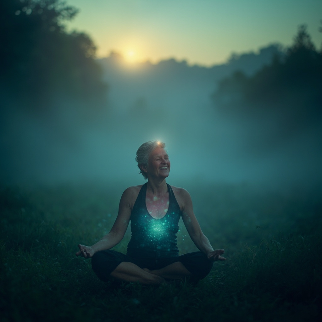 Serene middle-aged woman meditating outdoors at dawn, soft glow around chest, ears, face, and head symbolizing energy balance, calming blues and greens
